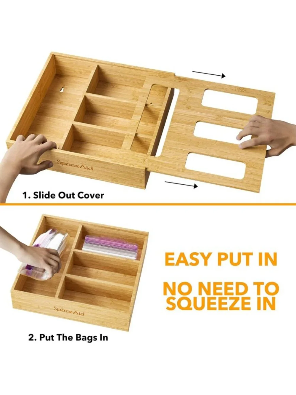 Bamboo Kitchen Drawer Bag Storage Organizer - 4 Slot for Gallon, Quart & Snack